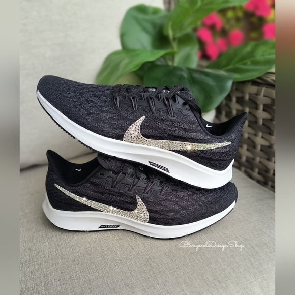 Women's Bling Nike Pegasus 36 Sneakers Black White Customized With Crystals - Picture 3 of 9